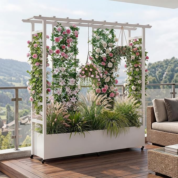 74" Mobile Planter with Trellis,Weatherproof Vertical Raise Garden Bed with Trellis & Hanging Roof for Climbing Plants,Flowers,Vegetables,Rust-Proof Metal Privacy Planter for Patio (White-B)