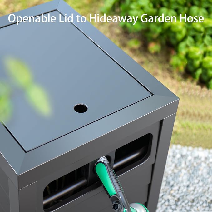 AQUAZILLA Metal Garden Hose Reel Deck box, Durable Steel Garden Hose Storage Box Cabinet, 150ft 5/8" Garden Hose Capacity. - Hose guide Manual Rewind, No-leak aluminum water connections