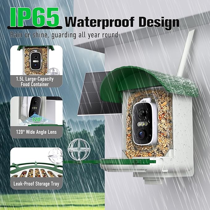Bird Feeder with Camera 3W Solar Powered Panel: 2.4Ghz WiFi Hummingbird Feeders for Outdoors with AI Identify Auto Capture, 2K Live View, Instant Arrival Alerts, Gift for Bird Lovers (Green)