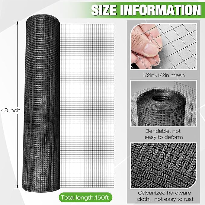 Tatuo Hardware Cloth 1/2 Inch 48in x 150ft Hot Dip Galvanized After Welded Cage Mesh Rolls 21 Gauge Metal Chicken Wire Roll Wire Fencing Poultry Netting for Raised Garden Rodent Animals