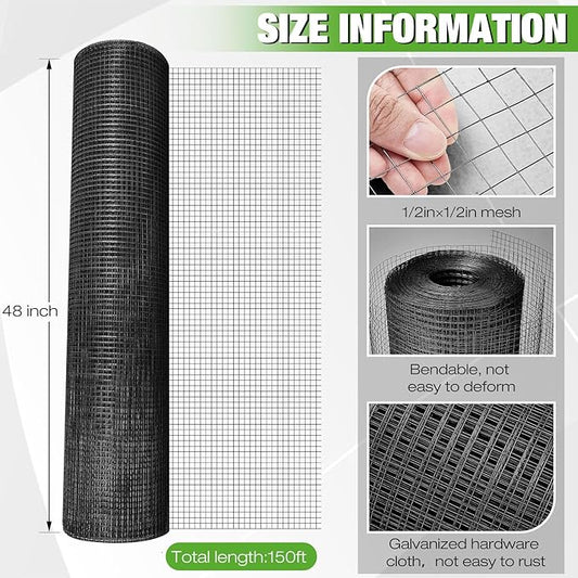Tatuo Hardware Cloth 1/2 Inch 48in x 150ft Hot Dip Galvanized After Welded Cage Mesh Rolls 21 Gauge Metal Chicken Wire Roll Wire Fencing Poultry Netting for Raised Garden Rodent Animals