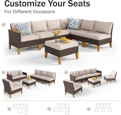 PHI VILLA 7-Piece Wicker Patio Furniture Set, Wicker Sectional Sofa Conversation Set with Cushioned 2 x Single Sofa, 2 x One Armrest Chair, 2 x Ottoman and 1 x Armless, Beige