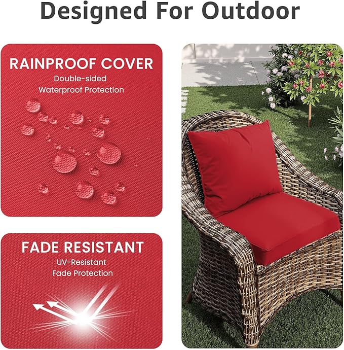 PatioGlow Outdoor Chair Cushions 22 x 22 x 3 Inch, Waterproof & Fade Resistant Patio Seat Cushion for Furniture with Handle and Ties, Thick Seating Pads for Outside Sofa Couch Set of 2, Red