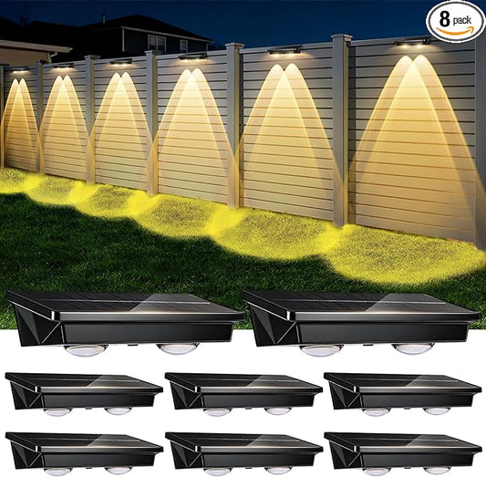 Solar Fence Lights Outdoor,8 Pack Waterproof LED Solar Powered Deck Light with Ultra Bright LED Lens,3000K/4000K/6000K Selectable,12+ Hours Steady Glow for Step,Railing,Backyard,Wall