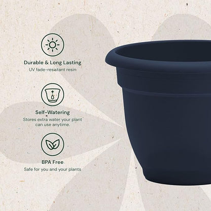 Bloem Ariana 16" Navy Round Self-Watering Resin Planter Pot - Rolled Rim Indoor and Outdoor Gardening Planter