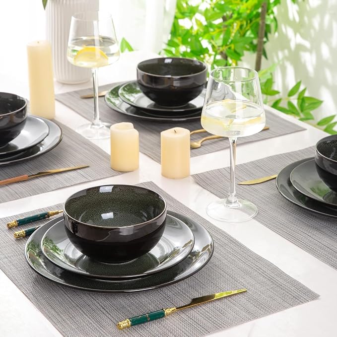 LeRatio Ceramic Dinnerware Sets for 6,Plates and Bowls Sets,Handmade Reactive Glaze Dishes Set,Chip Resistant and Scratch Resistant | Oven&Dishwasher & Microwave Safe,Service for 6-Green (18PCS)