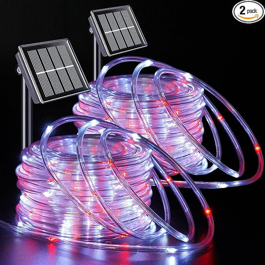 YEGUO Solar Christmas Lights Outdoor Waterproof, 2 Packs Each 33ft 100 LED Rope Lights, 8 Modes Fairy String Lights in Clear Thin Tube for Camping Fence Patio Garden Trampoline Deck(Red and White)