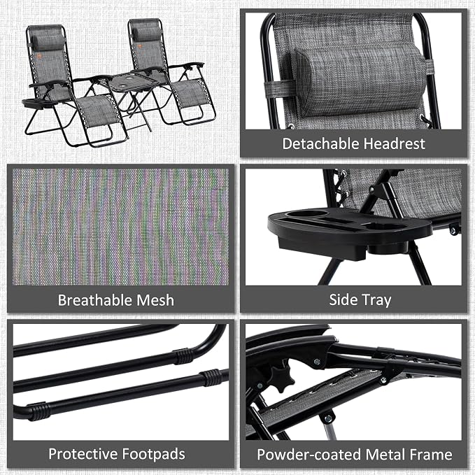 Outsunny Zero Gravity Chair Set with Side Table, Folding Reclining Chair with Cupholders & Pillows, Adjustable Lounge Chairs for Pool, Backyard, Lawn, Beach, Gray