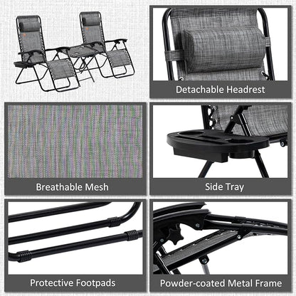 Outsunny Zero Gravity Chair Set with Side Table, Folding Reclining Chair with Cupholders & Pillows, Adjustable Lounge Chairs for Pool, Backyard, Lawn, Beach, Gray