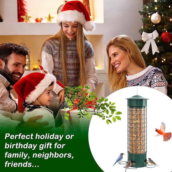 Squirrel Proof Bird Feeder, Weight Activated Outdoor Hanging Metal Bird Feeder, Bite Proof, Weatherproof, Durable, Suitable for Chickadees, Goldfinches, Cardinals, 4.4LB Large Capacity, Green