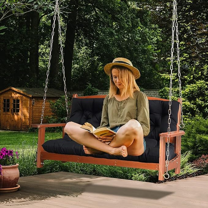 Swing Replacement Cushions with Backrest, 2 or 3 Seater Waterproof Non-Slip Overstuffed Swing Pad, Indoor/Outdoor Bench Cushion for Porch Chair Garden Furniture (Black, 40 * 71 in)