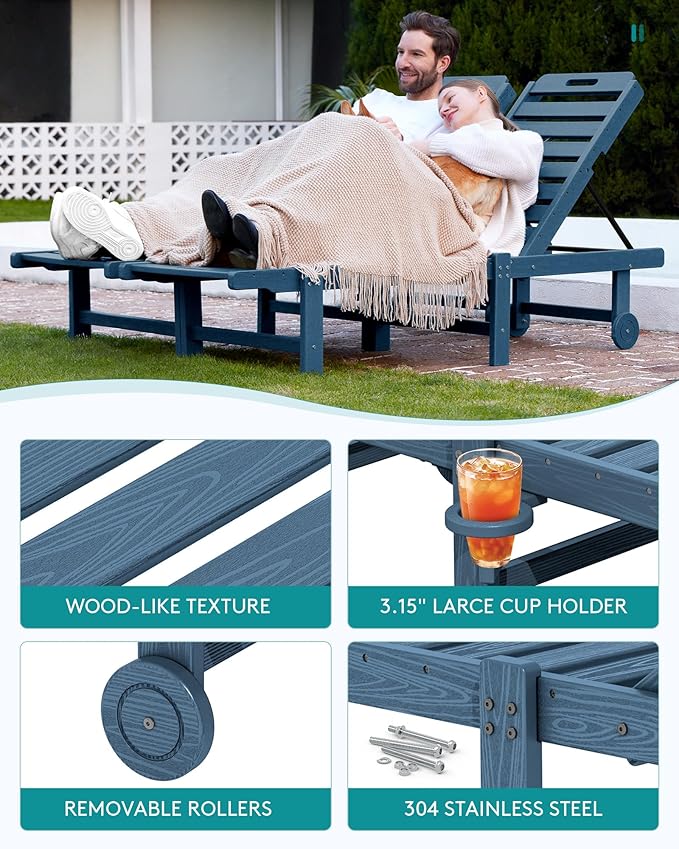 SERWALL Outdoor Chaise Lounge, 78" Length Patio Chaise Lounge Chair with 5 Positions Adjustable Backrest, HDPE Lounge Chair with Rolling Wheels & Cup Holder for Pool, Blue