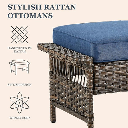 Patio Furniture Set 2 Wicker Swivel Glider Chairs 2 PE Rattan Chairs and 2 Ottomans with Blue Cushions Patio PE Rattan Side Table Brown Wicker Patio Conversation Set 7pcs for Patio