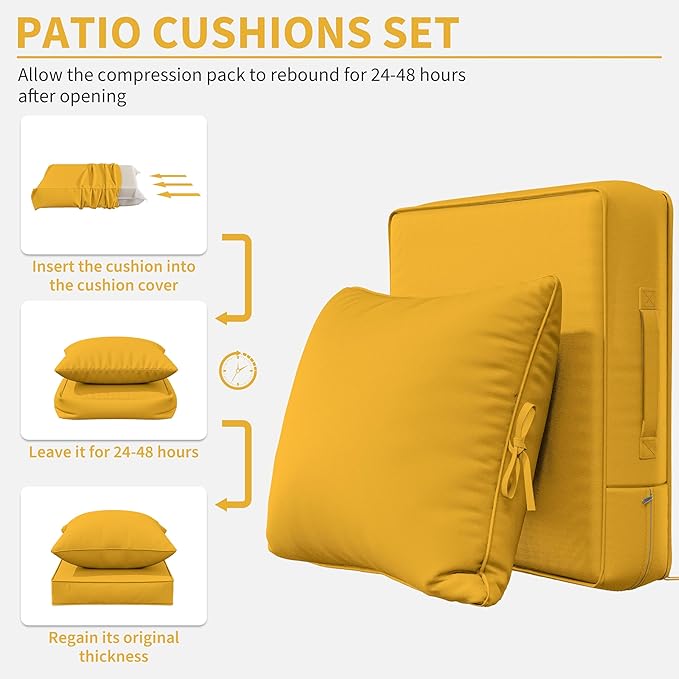 Premium Outdoor Seat Cushion Chair Cushions for Patio Furniture 22 L X 24 W X 4 H Waterproof & Fade Resistant Deep Seat and Backrest Cushion Set with Removable Covers for Chair, Sofa