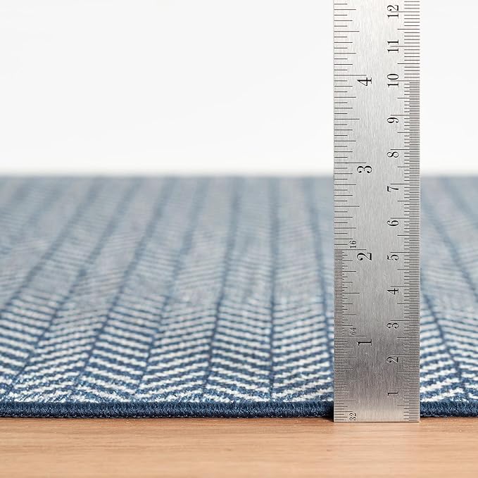 Dash & Albert Herringbone Navy Machine Washable Rug, 8.5 X 11.5 Feet, Blue Geometric Pattern