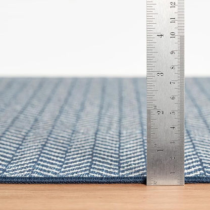 Dash & Albert Herringbone Navy Machine Washable Rug, 8.5 X 11.5 Feet, Blue Geometric Pattern
