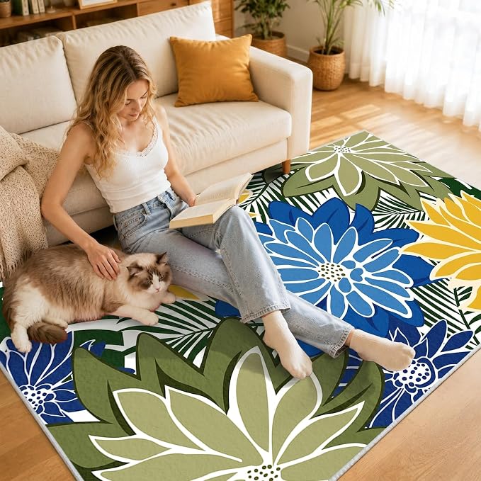 ZonLi Colorful Outdoor Rug 8x10Ft Waterproof Multicolored Indoor Area Rug Washable Outdoor Patio Rugs Tropical Floral Non Slip Outdoor Carpet for Living Room, Pool,Backyard,Deck,Camping