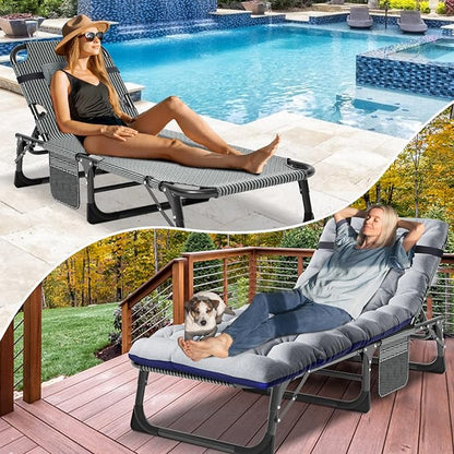 DoCred Heavy Duty Chaise Lounge Chair, Adjustable 5-Position Folding Chaise Lounge Chairs for Outside, Portable Lay Flat Beach Lounge Chair for Outdoor Sunbathing Beach Pool Lawn Camping