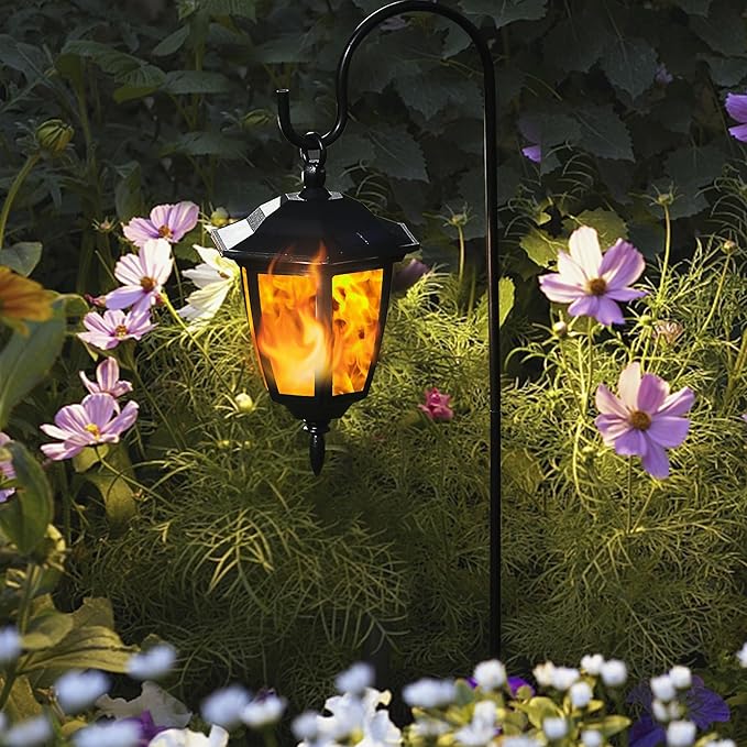 Dynaming 2 Pack Solar Flame Hanging Lights Outdoor, Halloween Solar Flickering Flame LED Garden Lanterns with 2 x 38 Inch Shepherd Hooks, Christmas Lighting for Lawn Patio Yard Pathway Driveway