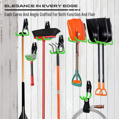 15-Piece Garage Wall Hooks with 3 Extension Straps, Green Heavy Duty Tool Storage Rack for Ladder, Bike, Shovel, Garden Tools, Metal Wall Mount Organizer Set