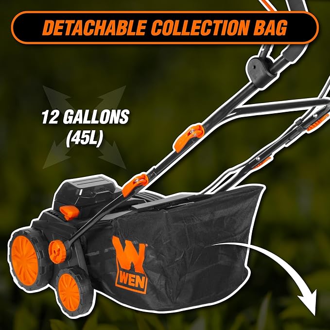 Wen 20V Max Cordless 15-Inch 2-in-1 Brushless Electric Dethatcher and Scarifier with Collection Bag, Two 4.0 Ah Batteries, and Dual-Port Charger (20716)