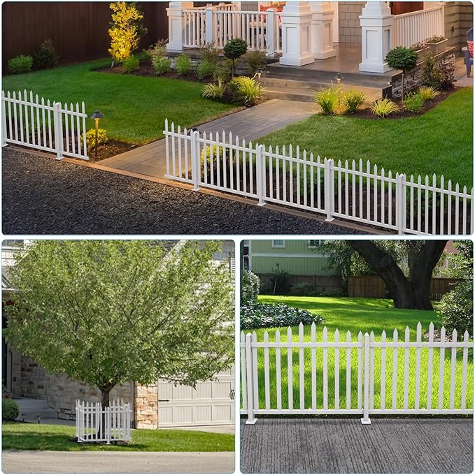 Patio 3 Sets 34.6"H x 84"L Picket Fence Panels White Vinyl PVC Decorative Fence for Front Yard Porch Patio Deck Pool Air Conditioner Fence Safety Dog Fence (34 Pickets, Scallop)