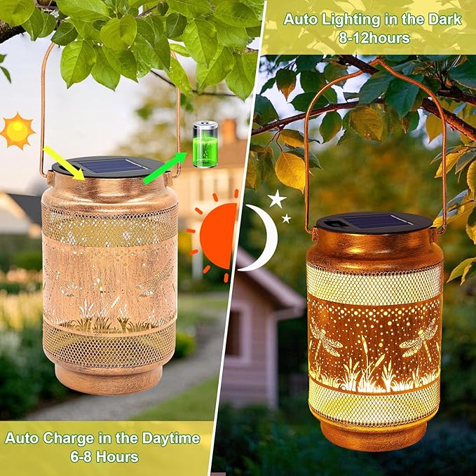 2 Pack Dragonfly Solar Lanterns Outdoor Waterproof Solar Garden Decor, Birthday Gifts for Mothers Day Women Mom Grandma, Metal Hanging Lights with Shepherd Hook for Outside Yard Patio Pathway Porch