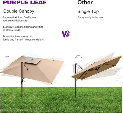 PURPLE LEAF 9ft Patio Umbrella Outdoor Square Umbrellas Large Cantilever Umbrella Windproof Offset Heavy Duty Sun Umbrellas for Garden Deck Pool Patio, Beige