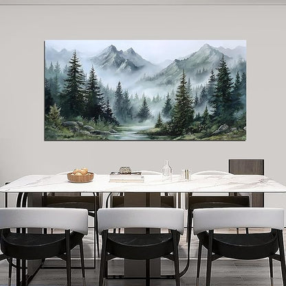Tarfupth Large Misty Forest Wall Art for Living Room Green Nature Mountain Landscape Canvas Artwork with Trees and River Nature Art for Bedroom Office Home Decor 24x48 Inch