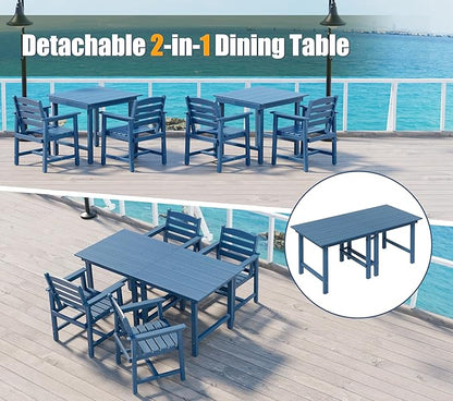 Anbuy Patio HDPE Dining Table Set, 7-Piece Outdoor Dining Table Sets, 2 in 1 Convertible Table and 6 Outdoor Chairs Outdoor All-Weather Furniture Set Blue