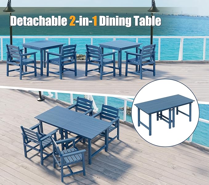 Anbuy Patio HDPE Dining Table Set, 5-Piece Outdoor Dining Table Sets, 2 in 1 Outdoor Furniture Table and 4 Outdoor Chairs for Garden, Backyard, Poolside, Easy Assembly, Blue