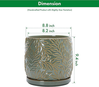 D'vine Dev 8 Inch Embossed Leaves Stoneware Planter Pot with Drainage Hole and Saucer, Olive, 27-A-Q-0