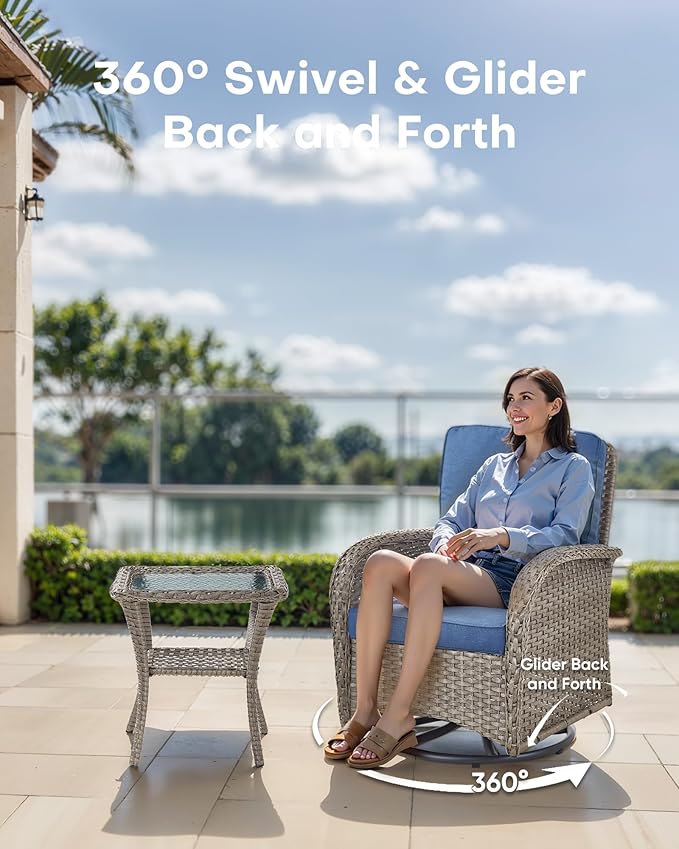 6 Pieces Patio Wicker Furniture Set-Outdoor Swivel Chairs Set of 2 Outdoor Glider Love seat with Outdoor Footstool Patio Furniture for Deck Porch Garden Balcony Poolside-Grey/Blue
