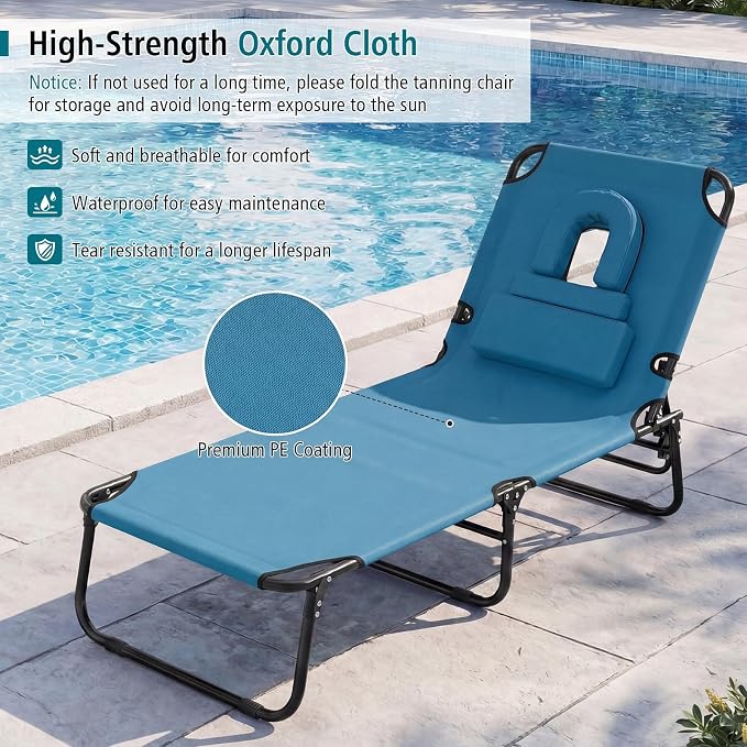 GYMAX Tanning Chair, 330lbs Beach Lounge Chair with Face Hole, Washable Pillow & Carry Strap, Adjustable Folding Chaise Lounge, Layout Lounger for Outside, Patio, Poolside, Lawn (2, Blue)