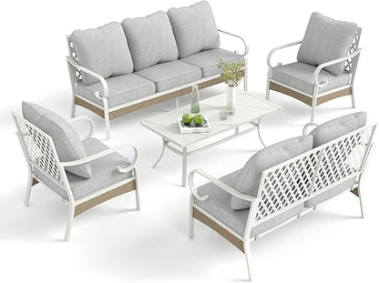 5 Piece Patio Furniture Set, 2 x Fixed Chair, 1 x 2-Seat Sofa, 1 x 3-Seat Sofa with Marbling Coffee Table, 7 Seats Outdoor Conversation Set for Lawn Garden Backyard, Light Gray