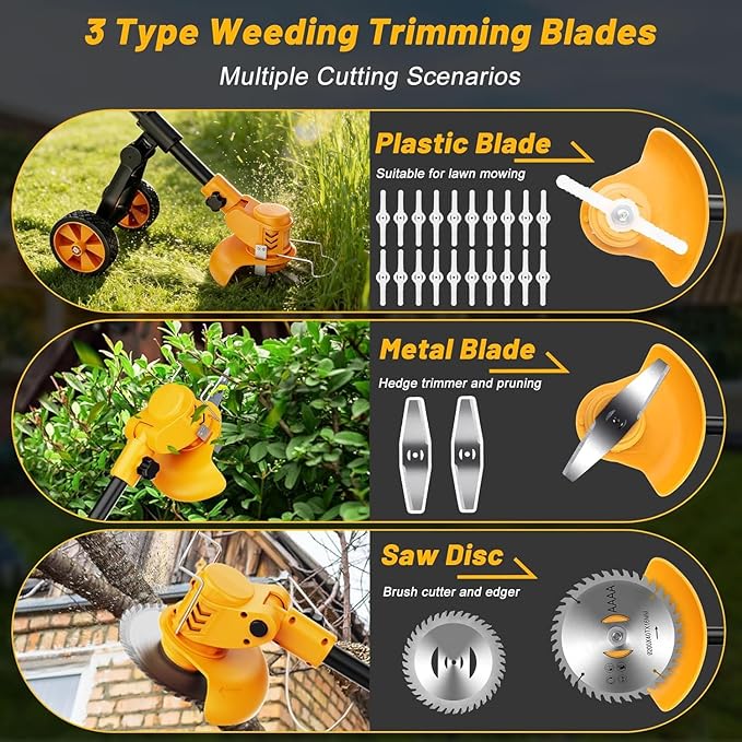 Electric Weed Wacker Cordless with Wheels,Electric Weed Eater Battery Powered 4000mAh,4 in 1 Grass Trimmer/Brush Cutter/Grass Edger/Small Lawn Mower,No String Trimmer with Blade, 2 Battery (Yellow)