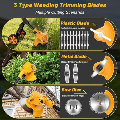 Electric Weed Wacker Cordless with Wheels,Electric Weed Eater Battery Powered 4000mAh,4 in 1 Grass Trimmer/Brush Cutter/Grass Edger/Small Lawn Mower,No String Trimmer with Blade, 2 Battery (Yellow)