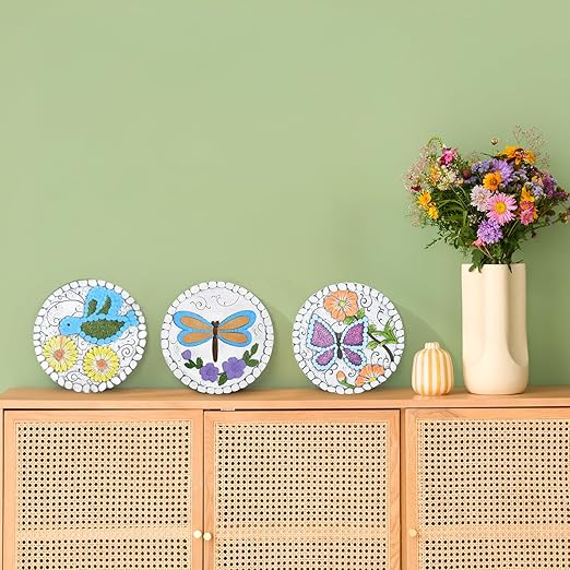 3 Pack Cement Stepping Stones Outdoor 10 Inch Round Garden Stepping Stones with Hand-Painted Flowers, Decorative Patio Pavers for Outside Walkway, Dragonfly Butterfly Garden Decor Hummingbird Gifts