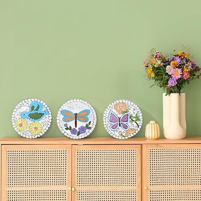 3 Pack Cement Stepping Stones Outdoor 10 Inch Round Garden Stepping Stones with Hand-Painted Flowers, Decorative Patio Pavers for Outside Walkway, Dragonfly Butterfly Garden Decor Hummingbird Gifts