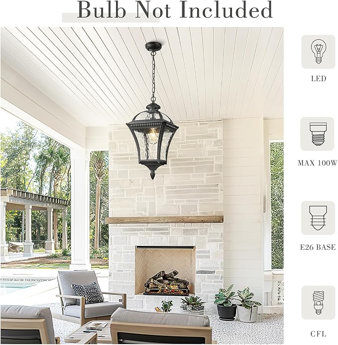 Emliviar 20.7" Outdoor Pendant Light, Matte Black Hanging Porch Chandelier with Water Ripple Glass, Modern Ceiling Pendant Lighting for Patio, Entryway, XE266H-SW BK