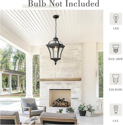 Emliviar 20.7" Outdoor Pendant Light, Matte Black Hanging Porch Chandelier with Water Ripple Glass, Modern Ceiling Pendant Lighting for Patio, Entryway, XE266H-SW BK