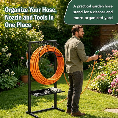 facka Garden Hose Holder Freestanding Metal Hose Stand 4-Prong Shelf Hooks | Holds up to 160FT Hose for Yard Garden Outdoor，Water Hose Holder and Hose Hanger, Alternative to Hose Reels for Outside
