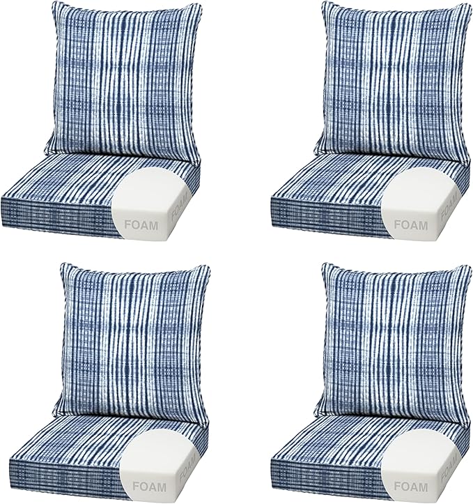 Arden Outdoor Foam Deep Seat Cushion (4-Pack), 22x24, Premium High-Density Foam, Never Flattens, Weather-Proof for Patio Chair Sofa Couch, Blue Shibori Stripe