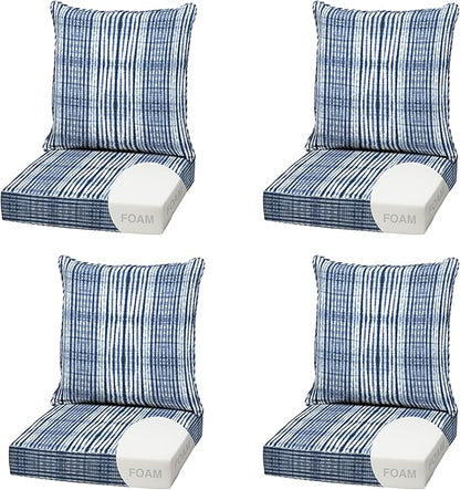 Arden Outdoor Foam Deep Seat Cushion (4-Pack), 22x24, Premium High-Density Foam, Never Flattens, Weather-Proof for Patio Chair Sofa Couch, Blue Shibori Stripe