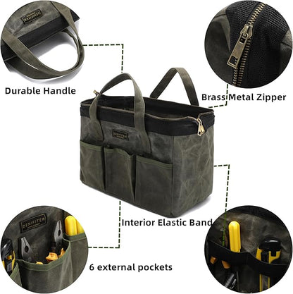 13-inch Tool Bag, Heavy Duty Wide Mouth Water-Resistant Tool Bag, Tool Tote with Handle for Tools, Wrenches, Screwdrivers (13 X 7.8 X 9 inch) | ArmyGreen