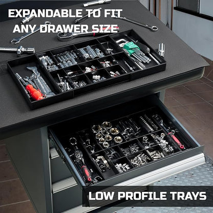 ONREVA Tool Box Organizer Tray Divider Set, Expandable Large Toolbox Storage Tray Kit, Rolling Tool Chest Drawer Bins, Hardware Screwdrivers Pliers Organization, 2pcs low profile Trays.