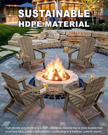 Adirondack Chair Set of 4, HDPE Folding Adirondack Chair with Multifunctional Cup Holder, Weather Resistant Fire Pit Chair for porches, patios, poolsides, Decks.