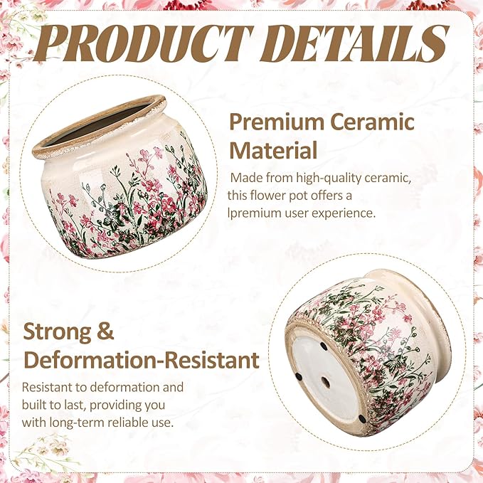 7.7" Large Vintage Ceramic Plant Pot Pink Green Boho Wildflower Crackle Glaze Flowers Planter Pot with Drainage for Indoor Outdoor Plant Rustic Farmhouse Kitchen Office Shelf Home Decor Gift