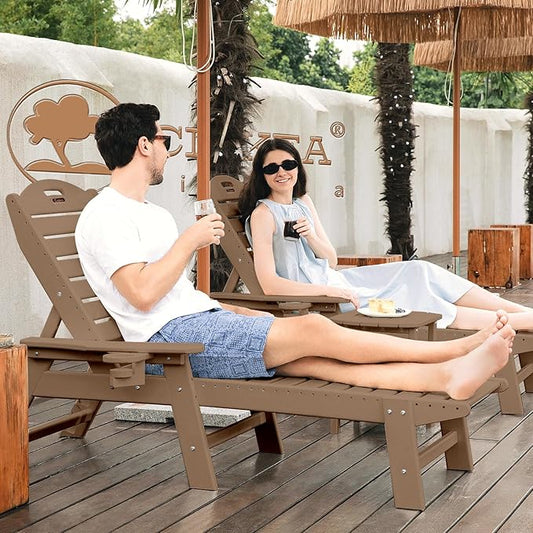Chaise Lounge for Outdoor, Patio Lounge Chairs for Outside, Chaise Lounge Chair with 6 Positions, HDPE Lounge Chair with Cup Holder for Pool Poolside Deck Backyard Lawn, Teak