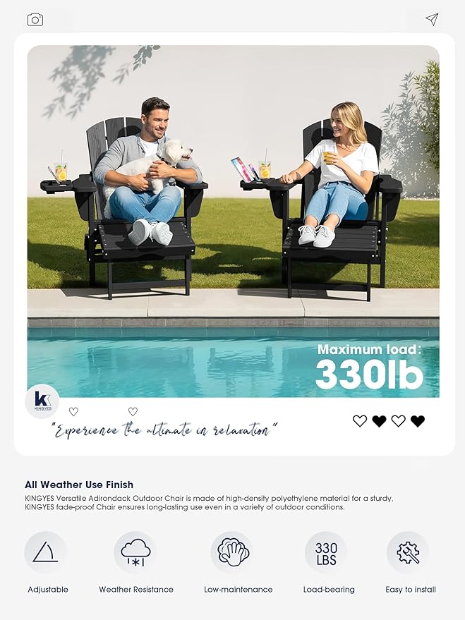 KINGYES Adjustable Folding Adirondack Chair with Footrest & 4-in-1 Multi-Functional Armrest Organizer Set of 2, HDPE Foldable Reclining Adirondack Chair with Pull-Out Ottoman, Black